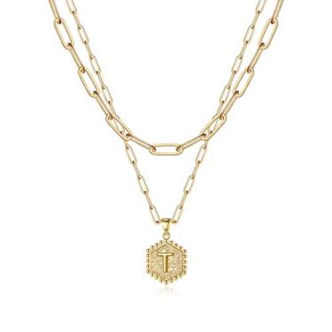 Imagem de M MOOHAM Colares delicados com inicial para mulheres – Colar em camadas para mulheres, lindo colar de letra hexagonal com inicial e colar em camadas para presentes femininos, 18 IN, Latão, Sem Pedra