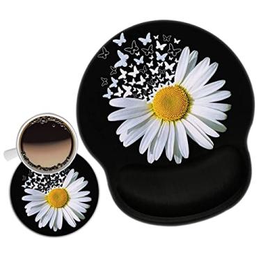 Imagem de Mouse Pad com suporte de pulso Gel ergonômico mouse pads com suporte de descanso Mouse Pad para home office jogos trabalho fácil digitação e alívio da dor + porta-copos borboleta branca margarida flores