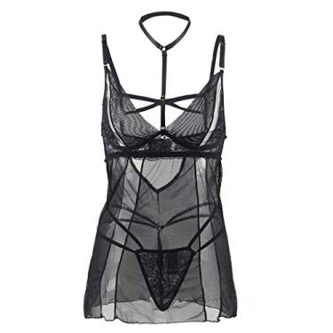 Imagem de Bigfanshu Lingerie feminina com absorção de umidade, plus size, sexy de renda preta, Preto, XXX-Large