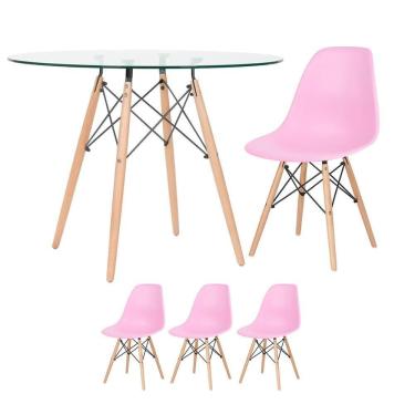 Imagem de Mesa Redonda Eames Com Tampo De Vidro 100 Cm + 3 Cadeiras Eiffel Dsw Rosa Claro