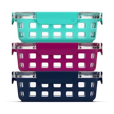 Imagem de Ello Duraglass Conjunto de preparação de refeições com 3,4 xícaras, 6 peças, conjunto de 3 unidades - recipiente de armazenamento de alimentos de vidro com capa de silicone e tampas de plástico