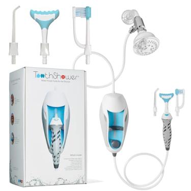 Imagem de ToothShower Irrigador bucal de duas cabeças, escova de dentes de cabeça dupla, massageador de gengiva de 7 correntes no chuveiro; fio de água para higiene bucal, aparelhos de limpeza; combate a gengivite e mau hálito