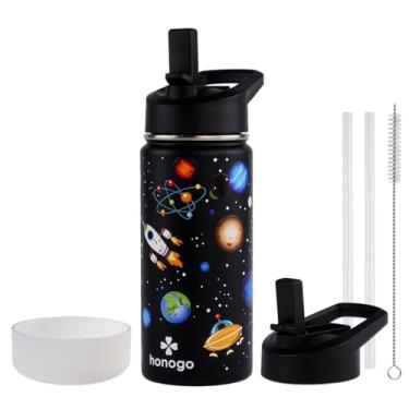 Imagem de honogo Garrafa de água infantil isolada de aço inoxidável de 473 ml, frasco térmico de metal à prova de vazamento com tampa de palha, copo infantil fofo para meninas e meninos (preto, espaço)