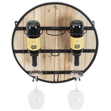 Imagem de Excello Global Products Suporte de vinho montado na parede de madeira: suporte de garrafa de vinho e suporte de taça de vinho/comporta 3 garrafas de vinho e 3 copos. Decoração decorativa de parede de barril de vinho. Decoração perfeita para casa e cozinha