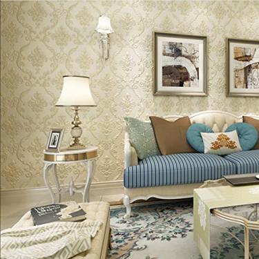 Imagem de Q QIHANG Papel de parede não tecido 3D europeu Damasco papel de parede quente sala de casamento quarto sala de estar fundo de TV papel de parede não colado 1,73' L x 82,8' C (amarelo claro)