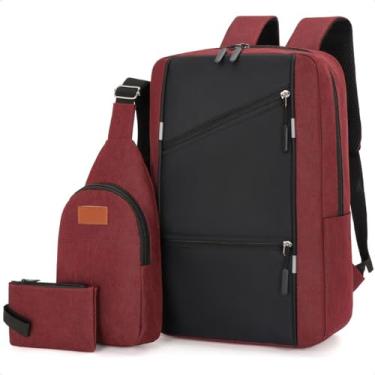 Imagem de Kit Mochila Notebook Escolar 3 Peças Bolsa Executiva Masculina Feminina Reforçada Para Laptop 15,6 Conjunto Estojo + Shoulder Bag (Vermelho, 15.6")