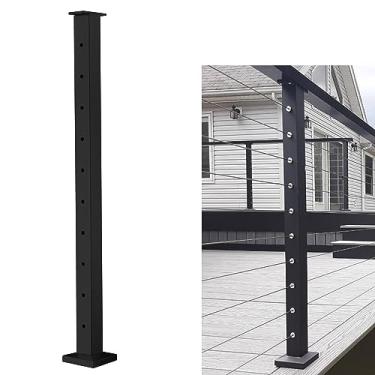 Imagem de Senmit Poste de grade de cabo - Poste quadrado de cerca de aço inoxidável para sistema de trilhos de cabos, parte superior plana 91,44 cm x 5,08 cm x 5,08 cm - 10 furos nível pré-perfurado, preto fosco