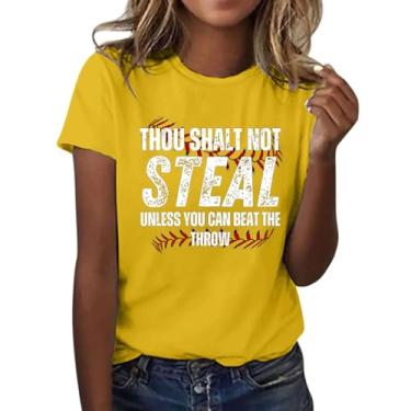 Imagem de Camiseta feminina moderna estampa beisebol manga curta verão casual túnica feminina verão, Amarelo - A, M