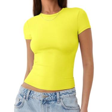 Imagem de MIROMIHO Camisetas femininas básicas, gola redonda, manga curta, tops bonitos de verão, modelagem justa, roupas Y2k 2024, Amarelo, G