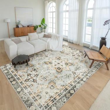 Imagem de Asrug Tapete de área vintage lavável com flores macias e sedosas desgastadas Boho Runner Tapete antiderrapante persa de pelo baixo resistente a manchas, tapete de interior para quarto, sala de estar, entretenimento, cinza claro, 12 x 18 cm