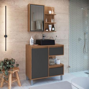 Imagem de Conjunto de Gabinete com Cuba Preta e Armário de Banheiro com Espelho Paula 2 PT 2 GV Mel e Grafite