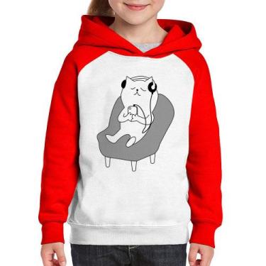 Imagem de Moletom Infantil Gatinho Ouvindo Música - Foca na Moda, Branco, Vermel