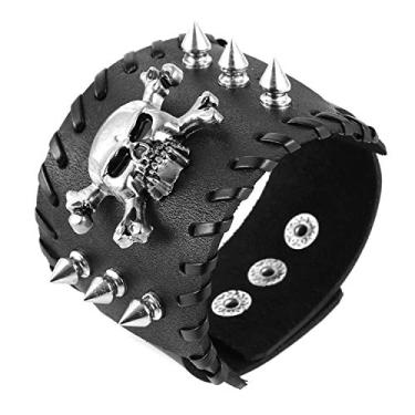 Imagem de STWTR Rebites de metal preto punk rock motociclista cinto largo pulseira de couro guarda alça de pulso caveira, One Size, Couro, Sem pedras