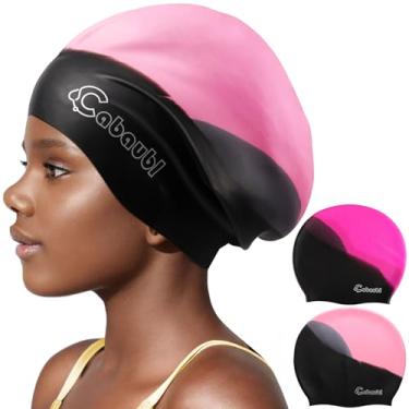 Imagem de Cabaubl Pacote com 2 toucas de natação infantis para cabelos longos, touca de natação de silicone para crianças de 3 a 15 anos, chapéu de natação grande impermeável para tranças, dreadlocks, bonés de