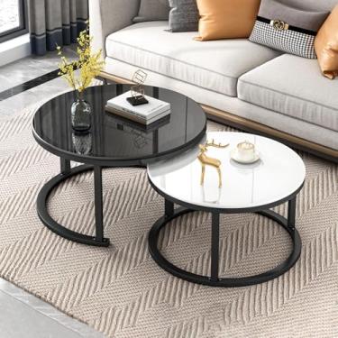 Imagem de Conjunto de mesas de centro redondas de vidro, mesa lateral redonda empilhável moderna para sala de estar com moldura de metal resistente, sofá de alto brilho para quarto, sala de estar, escritório em