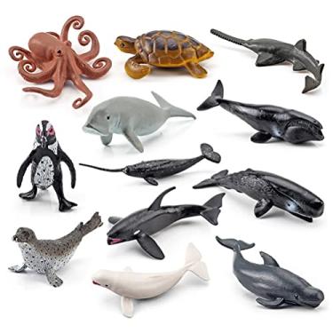 Imagem de 12 peças estatuetas de animais marinhos, brinquedos de criaturas marinhas, mini brinquedos de animais marinhos de plástico de PVC, incluindo tubarões, pinguins, morsas, leões