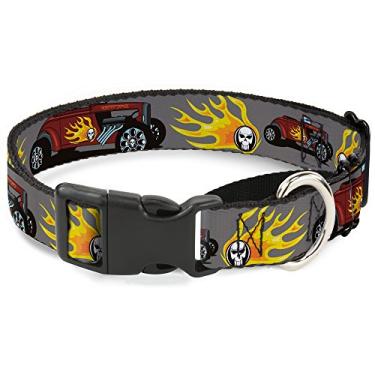 Imagem de Buckle-Down Coleira para cães Hot Rod com crânio de chama, 3,8 cm de largura, serve para pescoços de 40,6 a 58,4 cm - Médio