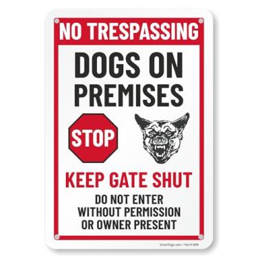 Imagem de SmartSign Placa de metal de 35,56 cm x 25,4 cm No Trespassing Dogs on Premises Keep Gate Shut Do Not Enter com símbolo Stop and Bad Dog, alumínio laminado à prova de ferrugem de 40 mm,