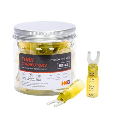 Imagem de HKS Conector de Garfo 60 Unidades # 10 Amarelo Calibre 12-10 - Kit de Conectores de Fio de Garfo com Pá Termorretrátil - Cobre Vermelho Estanhado - Conectores de Crimpagem Marinhos Automotivos - Termi