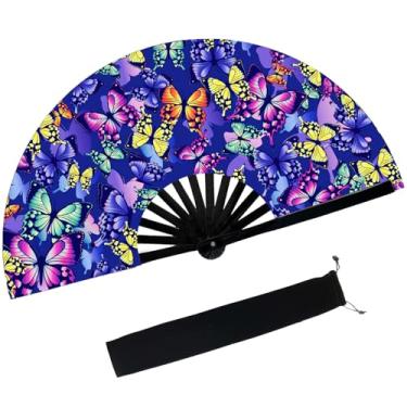 Imagem de dmjuncong Grande ventilador dobrável de rave, Clack portátil com bolsa de fã, para dança em linha, festivais de música, carnaval, roupas de arco-íris, discoteca, neon, suprimentos de decoração de