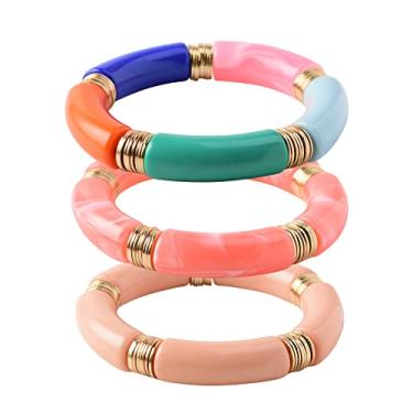 Imagem de GOOJIDS Pulseira simples com contas banhadas a ouro grosso tubo de bambu curvado empilhável contas coloridas de acrílico transparente conjunto de pulseiras banhadas a ouro para mulheres, 6.6 inches