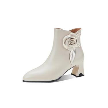 Imagem de TinaCus Bota feminina feita à mão de couro genuíno com bico fino e bico fino, Bege, 37