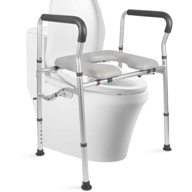Imagem de Assento sanitário elevado com alças para idosos, assento de vaso sanitário estável para deficientes sobre o vaso sanitário, elevador de assento de vaso sanitário ajustável com suportes de prevenção de