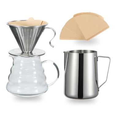 Imagem de GreatChef Conjunto de cafeteira com 4 xícaras, gotejador de café de aço inoxidável, com filtro de papel V60, para casa, escritório, café, restaurante, acampamento