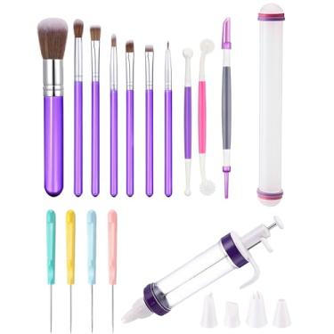 Imagem de Tatuo Conjunto de 16 ferramentas de decoração de bolo, inclui seringa para decoração de sobremesa, pincéis, agulhas de agitar açúcar, ferramenta de pasta de fondant, rolo de massa para utensílios de