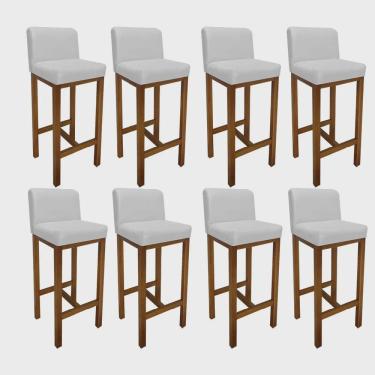 Imagem de Kit 08 Banqueta Alta Com Encosto Aila Cozinha Balcão Bistrô Base Madeira Castanho Corino Branco - Ahz Móveis