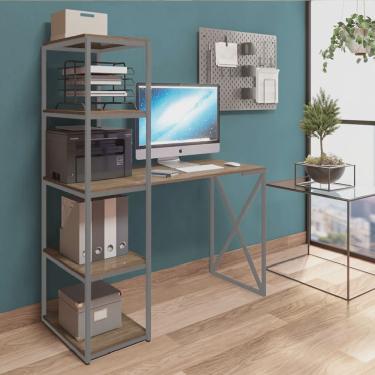 Imagem de Mesa Escrivaninha Max BeX Escritório com 5 Prateleiras Estante de Livros Ferro Prata Tampo Freijó - Ahazzo Móveis