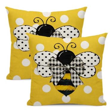 Imagem de Yxuiyal Conjunto de 2 capas de travesseiro de verão 45,7 x 45,7 cm com bolinhas amarelas para decoração ao ar livre, sazonal, férias, abelhas, capa de almofada decorativa de linho para sofá doméstico