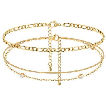 Imagem de Tornozeleiras de ouro impermeáveis para mulheres - pulseiras de tornozelo banhadas a ouro 14k, corrente de pé de surfista de praia de verão multicamadas conjunto de tornozeleiras, joias modernas em