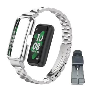 Imagem de T-BLUER Compatível com Huawei Band 10/9/8/7, pulseira de substituição de metal de aço inoxidável com moldura de metal para Huawei Band 7/8/9/10 mulher e homem, prata