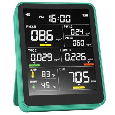 Imagem de PERFORMANCE GURU Monitor Profissional De Qualidade Do Ar Interno 9 Em 1, Portátil, Pm2.5/Pm10/Co2, Temperatura, Detector Formaldeído, Umidade, Tvoc, Testador Com Visor Tempo - Limpo Para Espaços Con