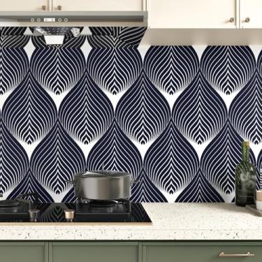 Imagem de Mangoloo Papel de parede geométrico preto de 44,5 cm x 200,2 cm para locatário papel de parede geométrico para cozinha Backsplash quarto banheiro adesivo removível preto de contato para armários