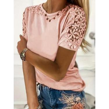 Imagem de Camiseta Feminina Plus Size de Renda Vazada - Gola Redonda, Soltinha e