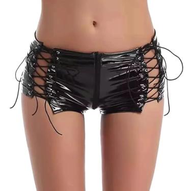 Imagem de FEOYA Short feminino casual de couro sintético cintura alta curto com cordão lateral de couro sintético grande, Short preto com zíper na virilha D, G