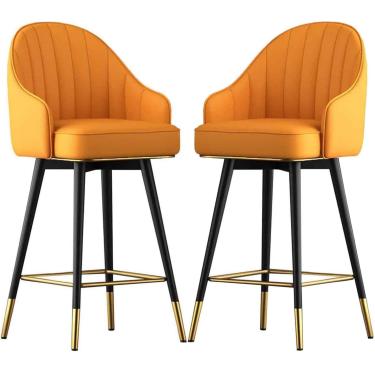 Imagem de Bancos de barra de altura dos bancos de barra de 2, bancos de ilha de cozinha de couro PU, cadeira alta das pernas de metal com apoios de braço e apoios para pés, cadeiras de café da manhã,