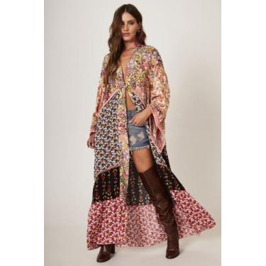 Imagem de Kimono Longo Com Franjinhas Rosa Estampa Patchwork Yacamim J2, M, Patc