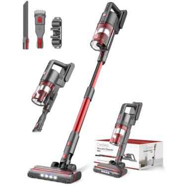 Imagem de Ljuren Aspiradores de pó recarregáveis sem fio, potente aspirador de pó de até 35 minutos de duração com motor de 85.000 PRM, 2 ventosas ajustáveis para casa (cinza vermelho)