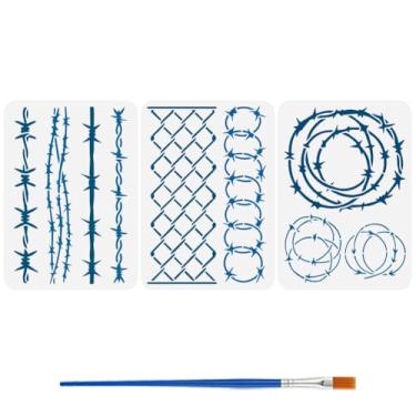 Imagem de FINGERINSPIRE 3 peças de estênceis de arame farpado para pintura com pincel, 3 estilos 29 x 20 cm modelo de desenho padrão de fio de ferro para decoração de parede de tecido de móveis artesanais