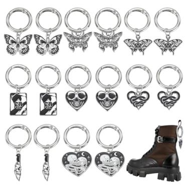 Imagem de WEBEEDY 16 peças, 8 estilos, pingentes de bota de Halloween, amor, crânio, borboleta, convés, cobras, punhais, pingentes, com anel, estilo gótico, escuridão, berloques de cadarço para tênis, botas