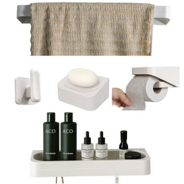 Imagem de Kit Banheiro 5pç Saboneteira + Papeleira + Porta Shampoo + Toalheiro + Gancho Com Adesi...