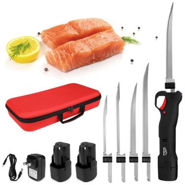 Imagem de Faca Elétrica sem Fio para Filé de Peixe - Conjunto com 4 Lâminas de Aço Inoxidável, Sistema de Trava de Segurança e Bateria de Longa