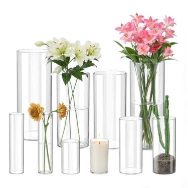 Imagem de Mavora Max Pacote com 10 vasos cilíndricos de vidro para centros de mesa, vasos de vidro de flores transparentes para decorações de casamento, vela flutuante de furacão, suporte para mesa de centro de
