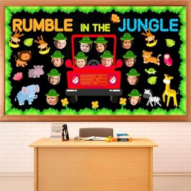Imagem de Conjunto de quadro de avisos com tema da selva, decoração de sala de aula de animais safári volta às aulas Rumble in the Jungle, recortes de papel floresta, floresta, faça você mesmo, artesanato