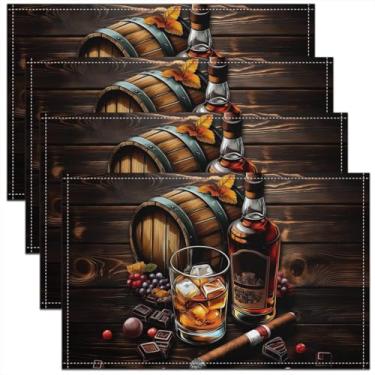Imagem de Jogo americano de uísque para mesa de jantar, bar Wine Time, copo de gelo de uísque à prova d'água, tapete de mesa para decoração de festa, tábua de madeira marrom rústica, retrô, casa de fazenda, 30