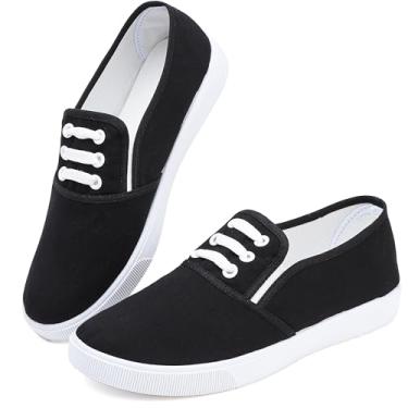Imagem de Tênis feminino de lona branco leve com cadarço moderno confortável sapatos de lona cano baixo sem cadarço casual tênis caminhada calçados femininos, Preto sem cadarço, 35