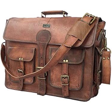 Imagem de Bolsa de couro para homens CUERO, bolsa transversal para laptop de 45 cm, bolsa de ombro vintage feita à mão para homens, pasta de negócios de flor integral para escritório/trabalho/viagem - marrom